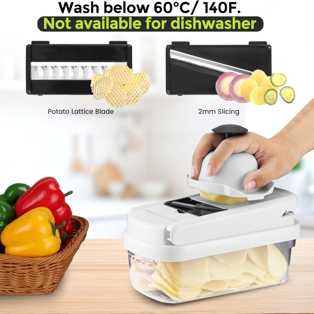 Vegetable Chopper,12-In-1 Multifunctional Food Chopper,Professional Onion Chopper with 7 Blades,Vegetable Cutter with Container for Salad,Potato,Carrot,And Garlic; Essential Kitchen Tool (White)