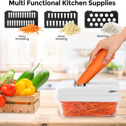 Vegetable Chopper,12-In-1 Multifunctional Food Chopper,Professional Onion Chopper with 7 Blades,Vegetable Cutter with Container for Salad,Potato,Carrot,And Garlic; Essential Kitchen Tool (White)