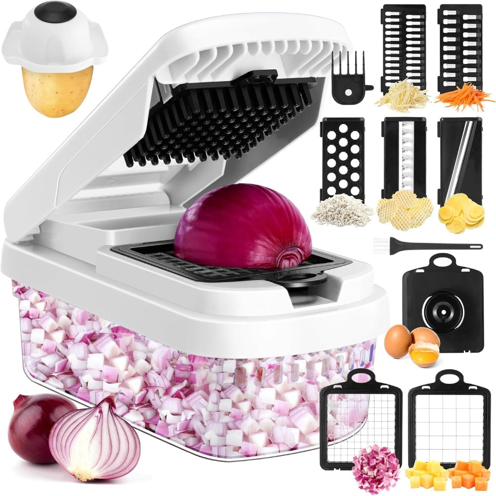 Vegetable Chopper,12-In-1 Multifunctional Food Chopper,Professional Onion Chopper with 7 Blades,Vegetable Cutter with Container for Salad,Potato,Carrot,And Garlic; Essential Kitchen Tool (White)