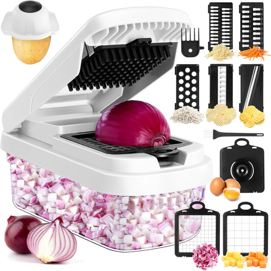 Vegetable Chopper,12-In-1 Multifunctional Food Chopper,Professional Onion Chopper with 7 Blades,Vegetable Cutter with Container for Salad,Potato,Carrot,And Garlic; Essential Kitchen Tool (White)