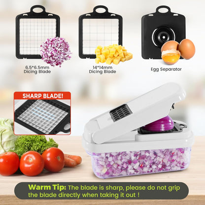 Vegetable Chopper,12-In-1 Multifunctional Food Chopper,Professional Onion Chopper with 7 Blades,Vegetable Cutter with Container for Salad,Potato,Carrot,And Garlic; Essential Kitchen Tool (White)